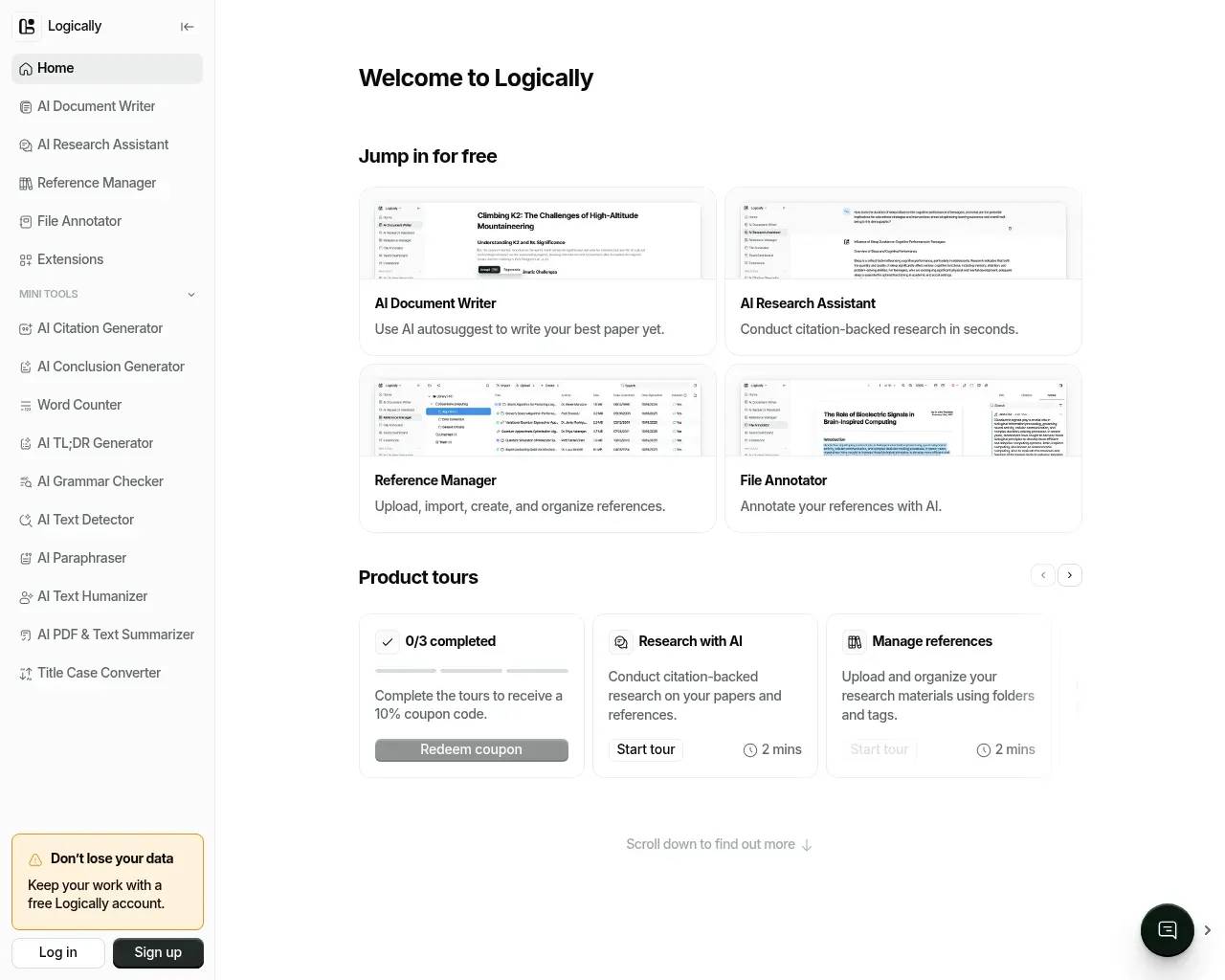 The Logically workspace showing four modules: AI Document Writer, AI Research Assistant, Reference Manager, and File Annotator