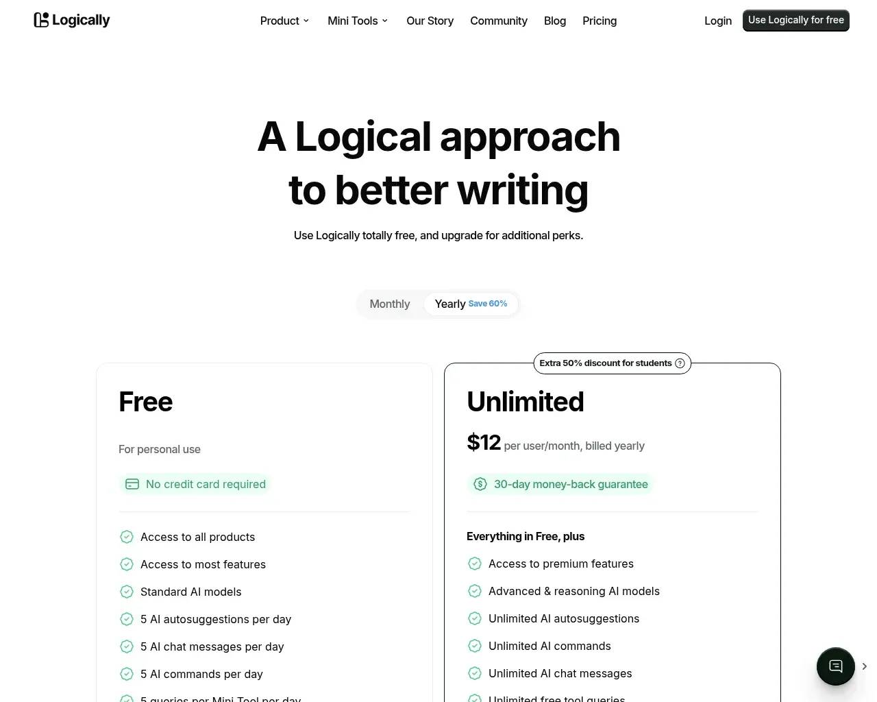 Logically pricing: a free plan and an Unlimited plan at $12 per user per month billed yearly