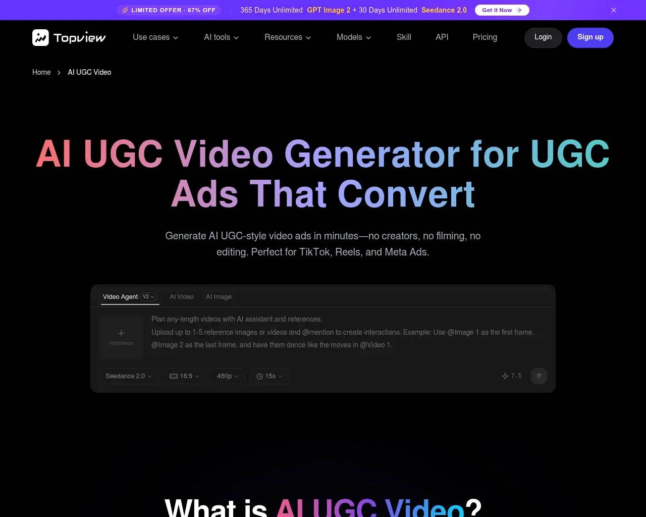 Topview AI's AI UGC Video page describing avatar-based review ads with lip-sync and multilingual variations