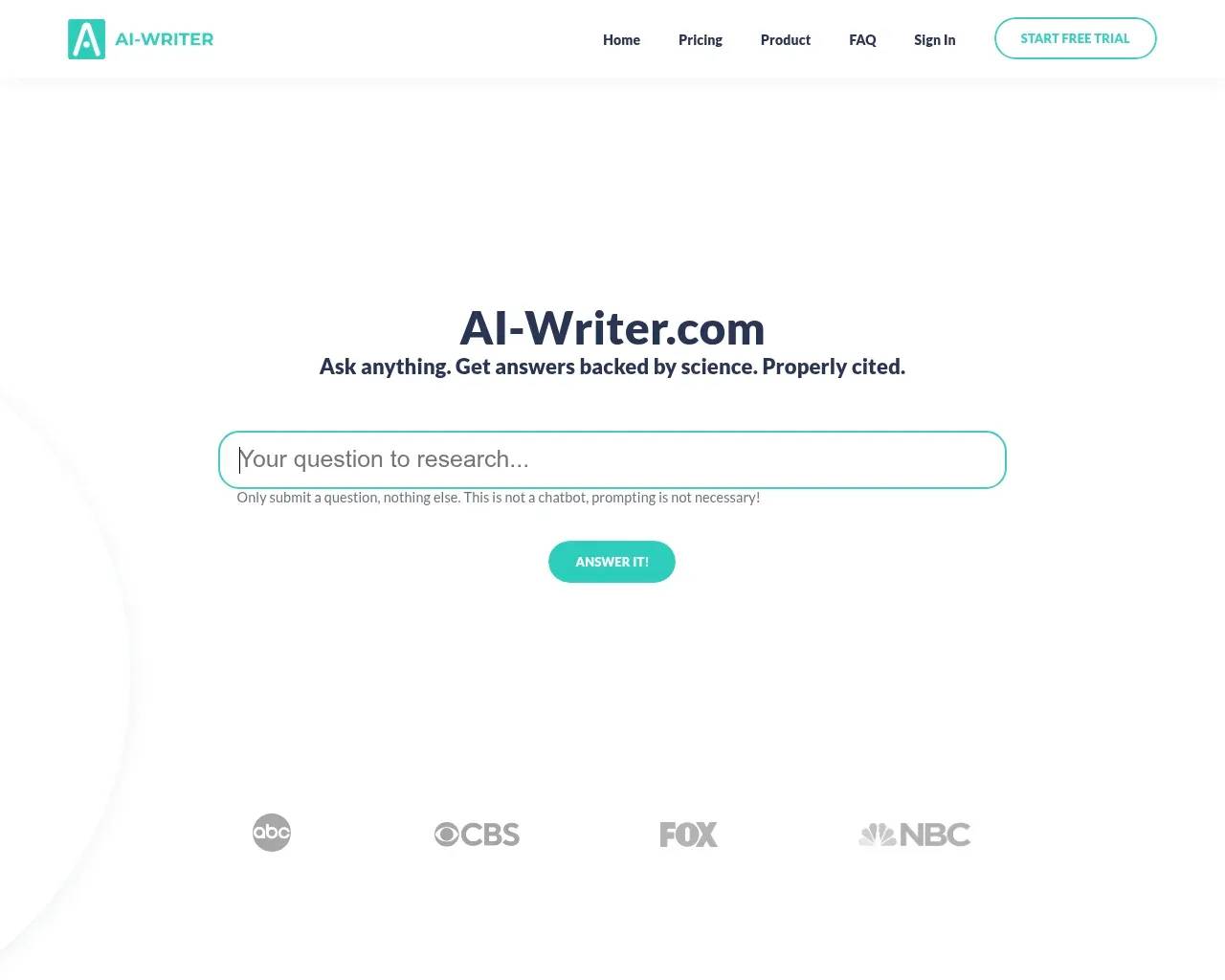 Page d'accueil d'AI-Writer.com — le titre « Posez n'importe quoi. Obtenez des réponses soutenues par la science. Correctement citées. » au-dessus d'un champ de question de recherche et d'un bouton « Répondez-y ! »