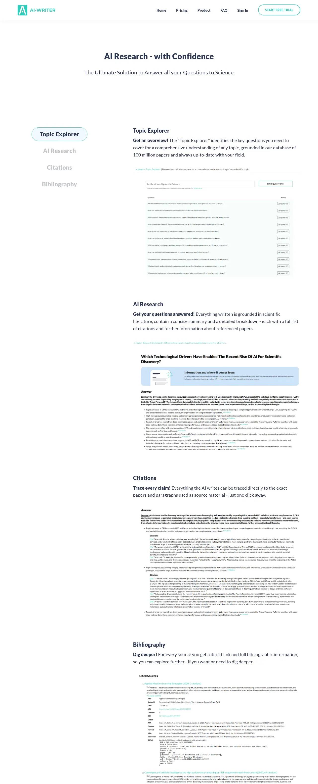 Présentation du produit AI-Writer.com — le Topic Explorer suggérant des questions de recherche, une réponse AI Research avec un panneau de sources « d'où ça vient », et une Bibliographie avec les formats de citation complets