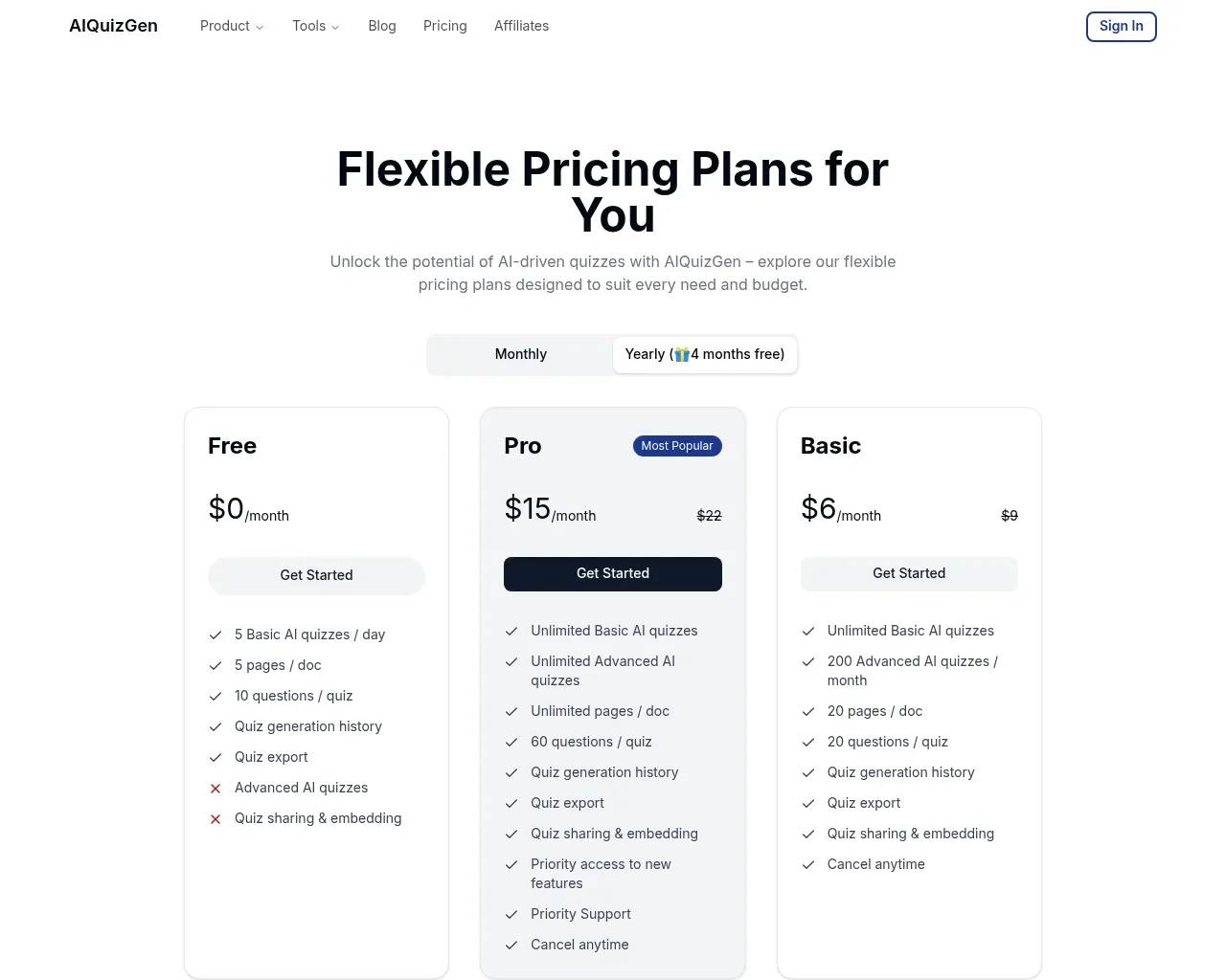 AIQuizGen pricing page — Free, Basic, and Pro plans with a monthly/yearly toggle