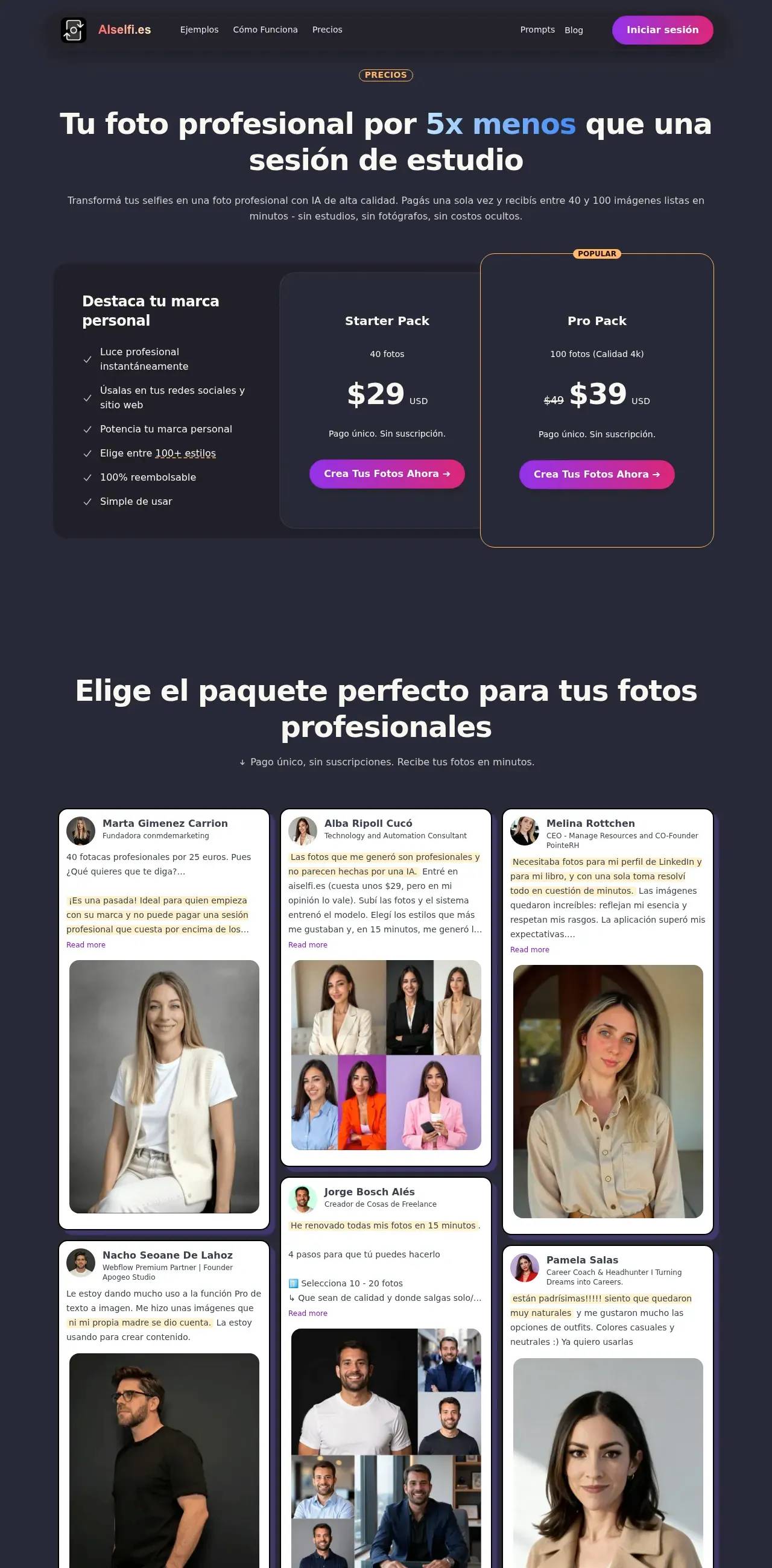 AISelfi.es pricing page — Starter pack 40 photos for $29 and Pro pack 100 photos for $39, both one-time payments with no subscription