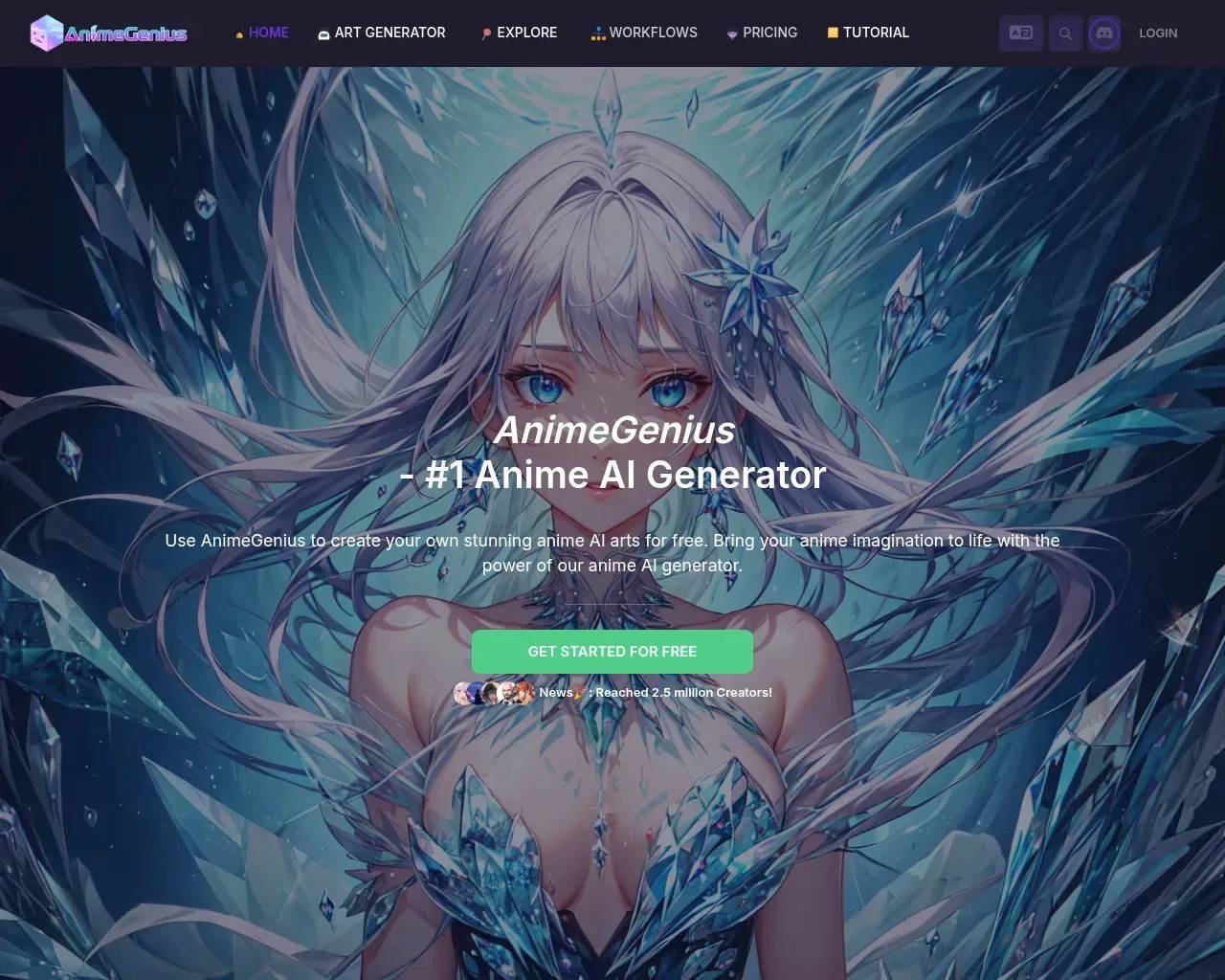 Página de inicio de AnimeGenius — "#1 Anime AI Generator", gratis para empezar, afirmando 2.5 millones de creadores