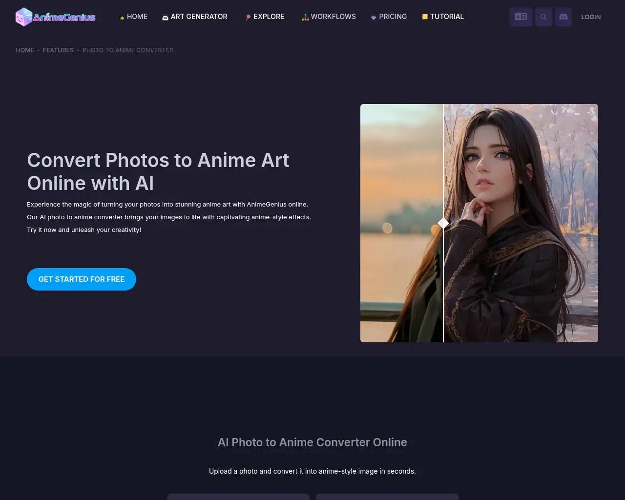 Conversor de foto a anime de AnimeGenius — un deslizador antes/después que transforma una foto de retrato en arte anime