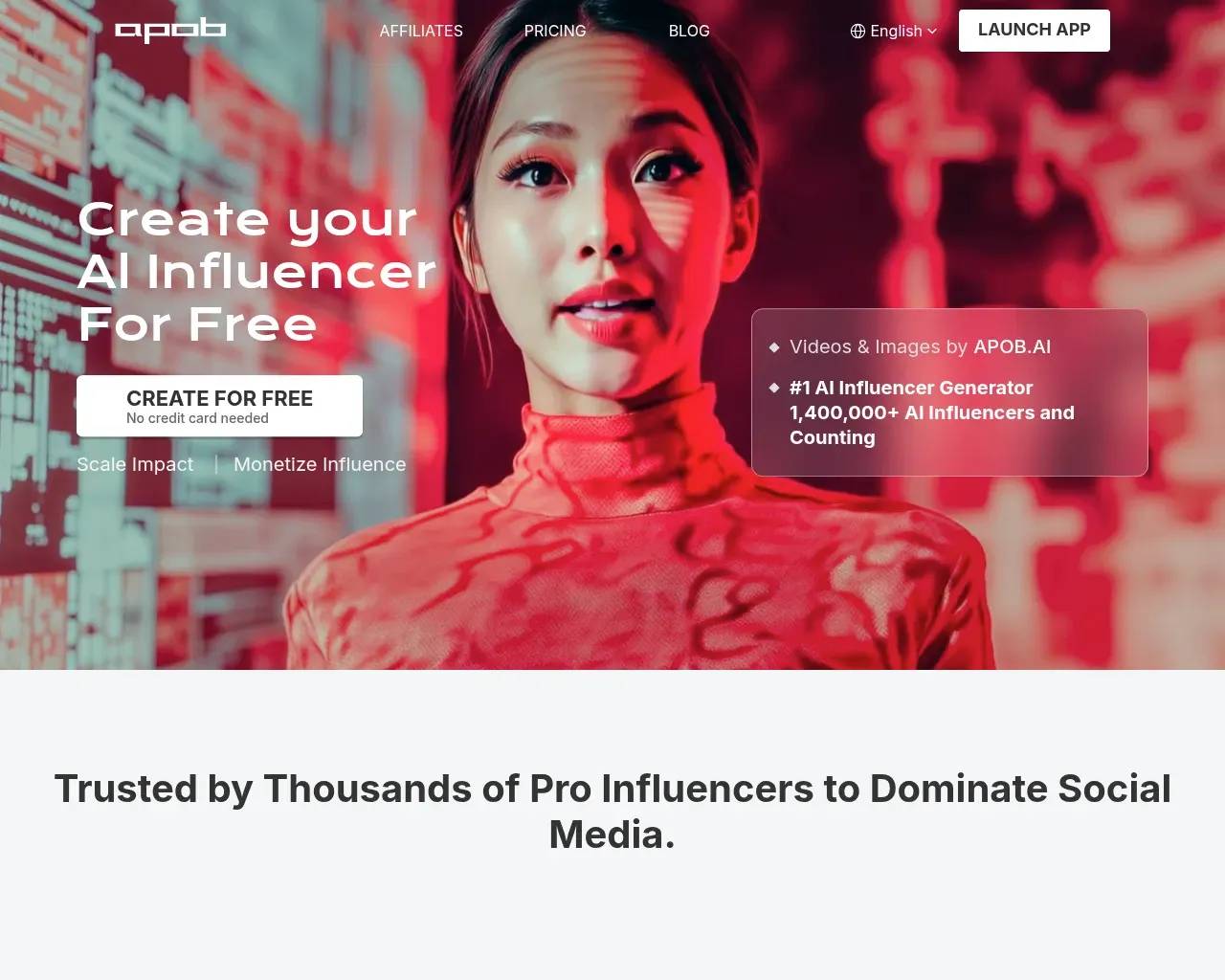 APOB AI homepage — AI Influencer Generator hero with sample AI avatars