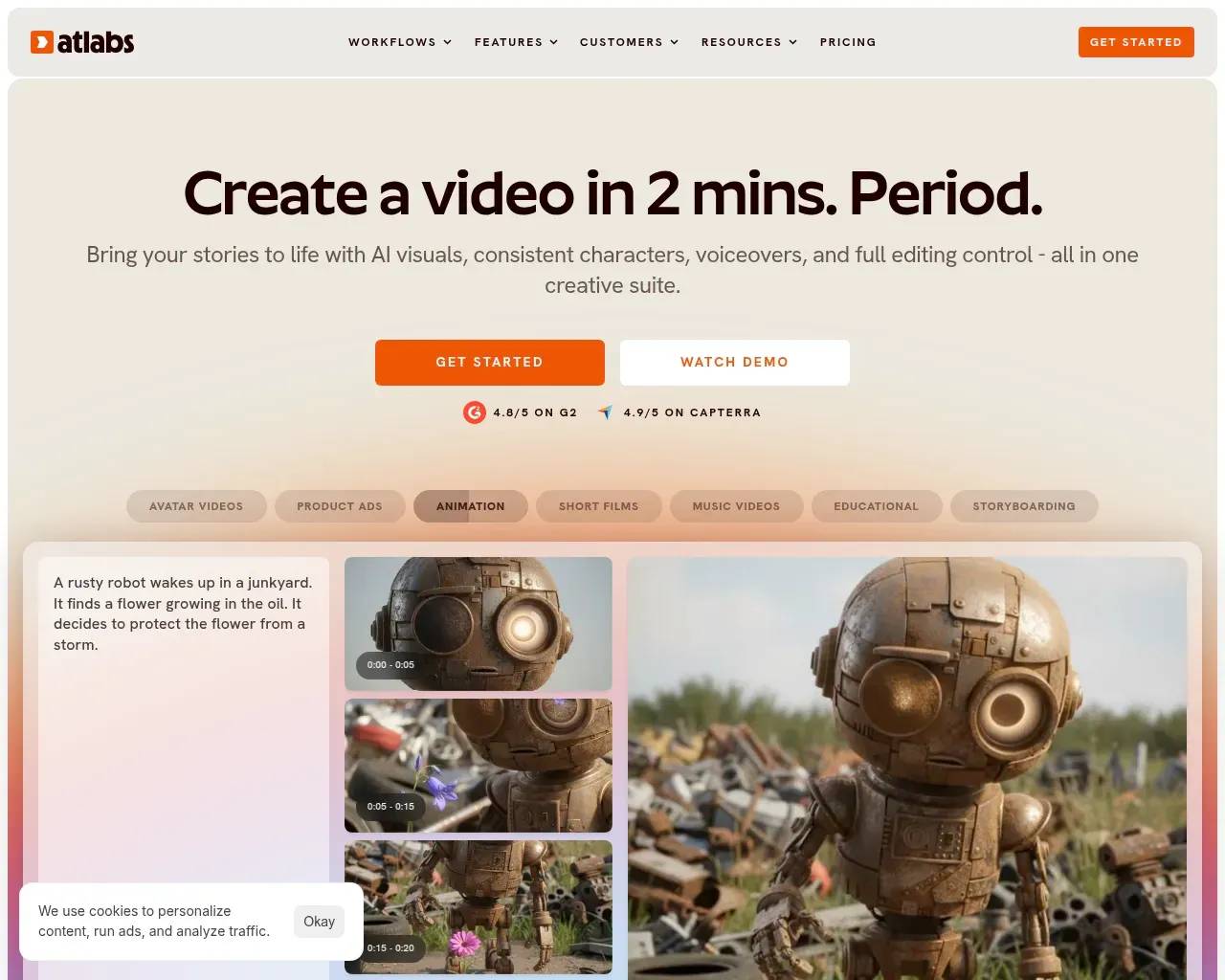 Atlabs AI homepage — agent-orchestrated AI video studio