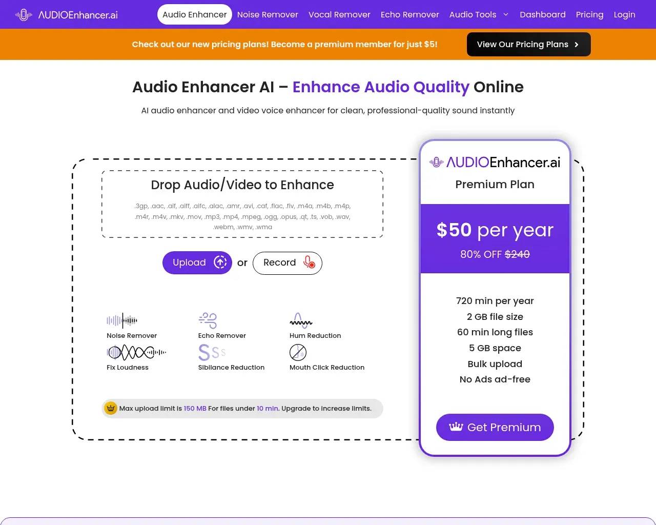 Página de inicio de AudioEnhancer.ai — potenciador de audio de IA de arrastrar y soltar con modos de mejora de un clic y una tarjeta de plan premium