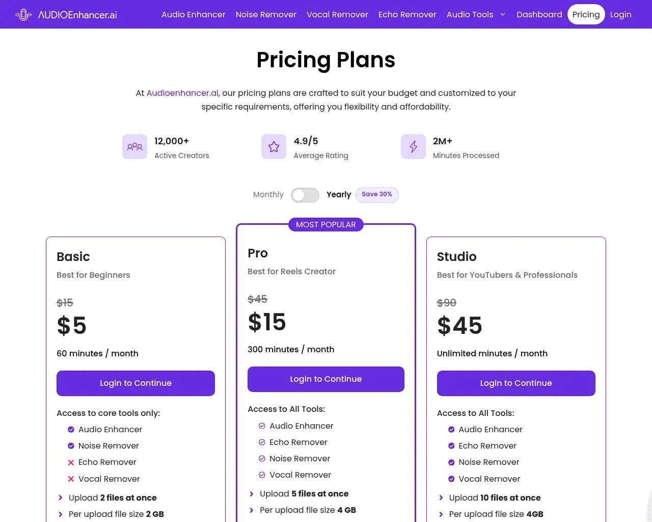 Página de precios de AudioEnhancer.ai — niveles Basic, Pro y Studio con opciones mensuales y anuales