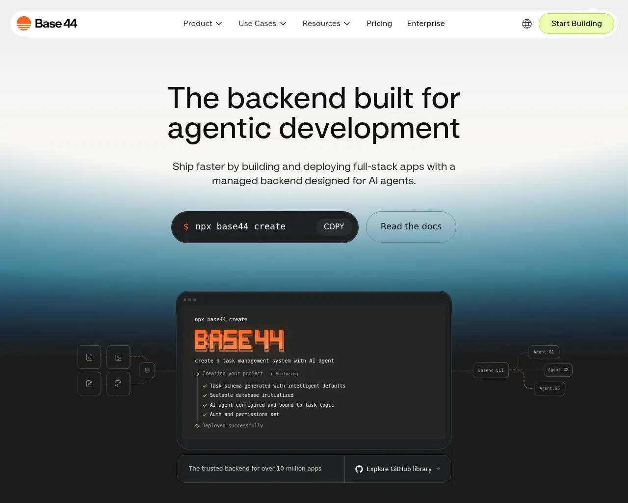Base44 backend platform page describing its AI-agent-oriented data models, permissions, and API layer