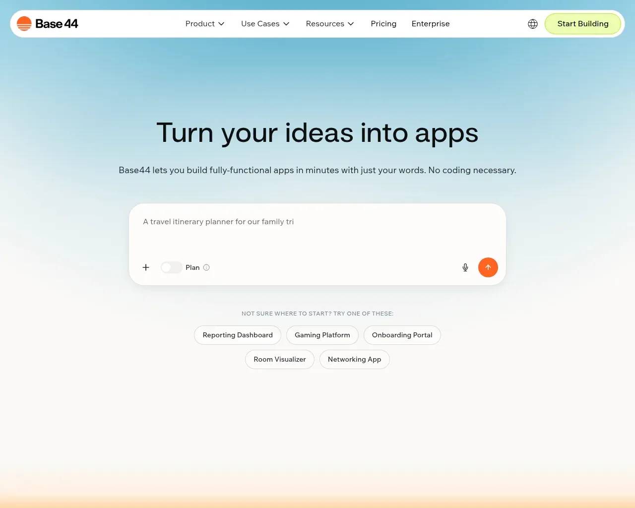 Base44 homepage with the natural-language app-building prompt and example app suggestions