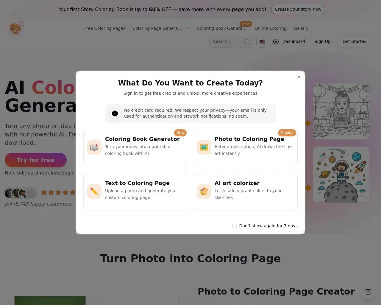 Best Coloring Pages AI home screen — a welcome dialog offering the Coloring Book Generator, Photo to Coloring Page, Text to Coloring Page and AI Art Colorizer tools