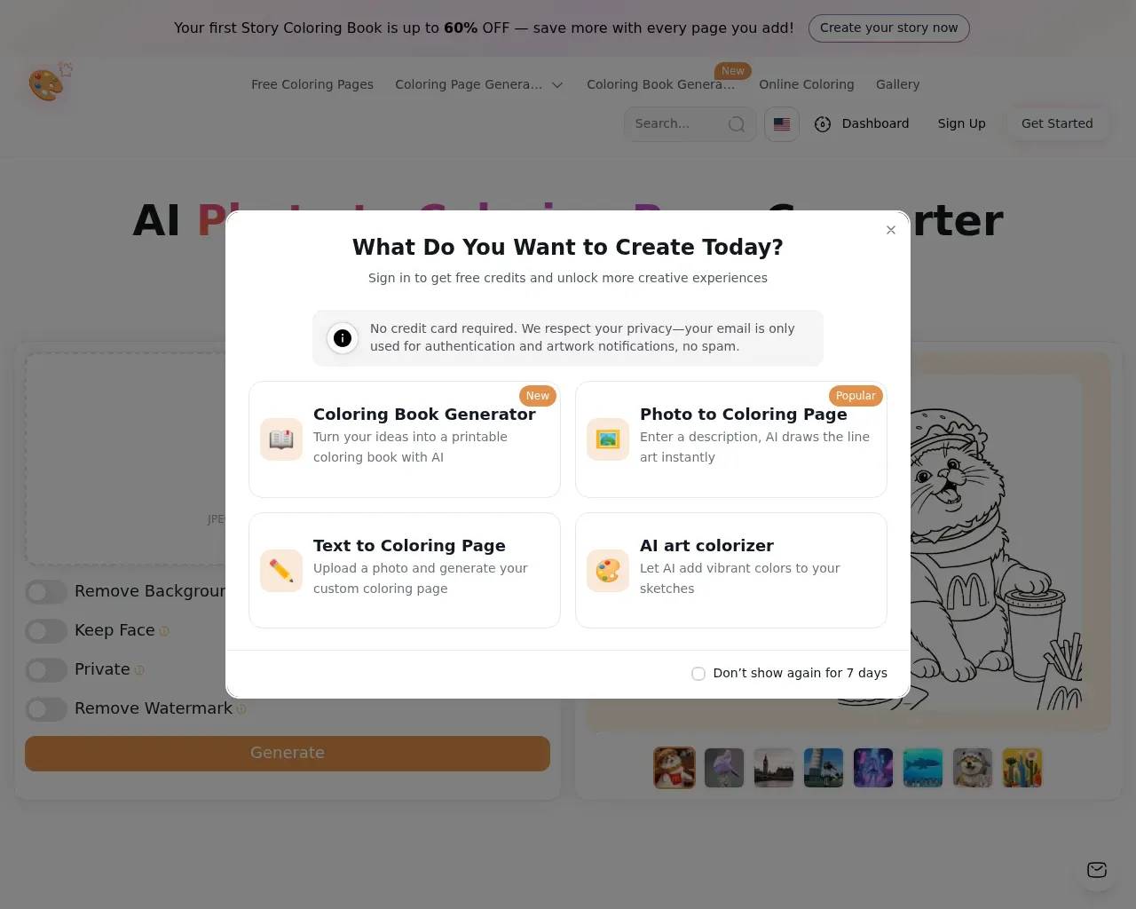 Best Coloring Pages AI photo-to-coloring tool — upload area with Remove Background, Keep Face, Private and Remove Watermark toggles, plus an example line-art result