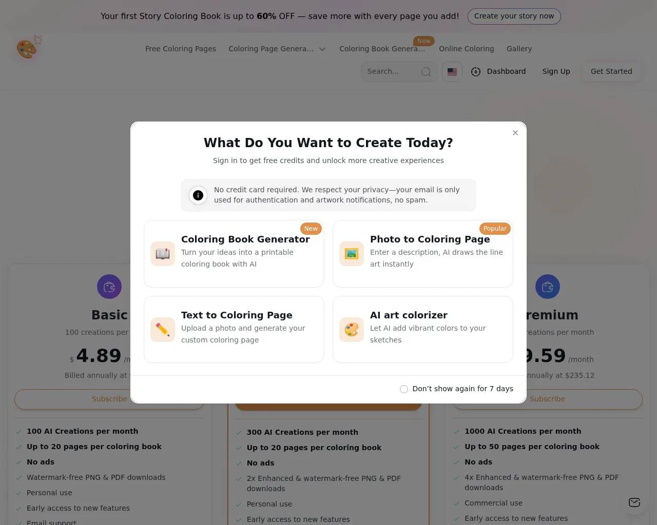 Best Coloring Pages AI pricing — Basic, Pro and Premium tiers on annual billing, with creations-per-month and page limits rising by plan
