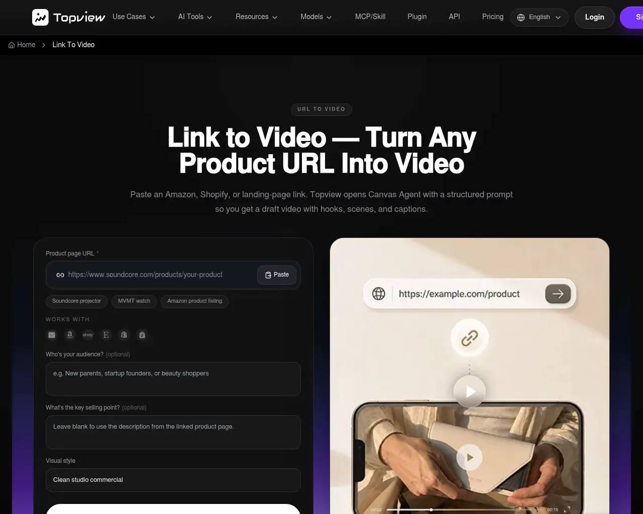 Topview AI URL to Video homepage screenshot