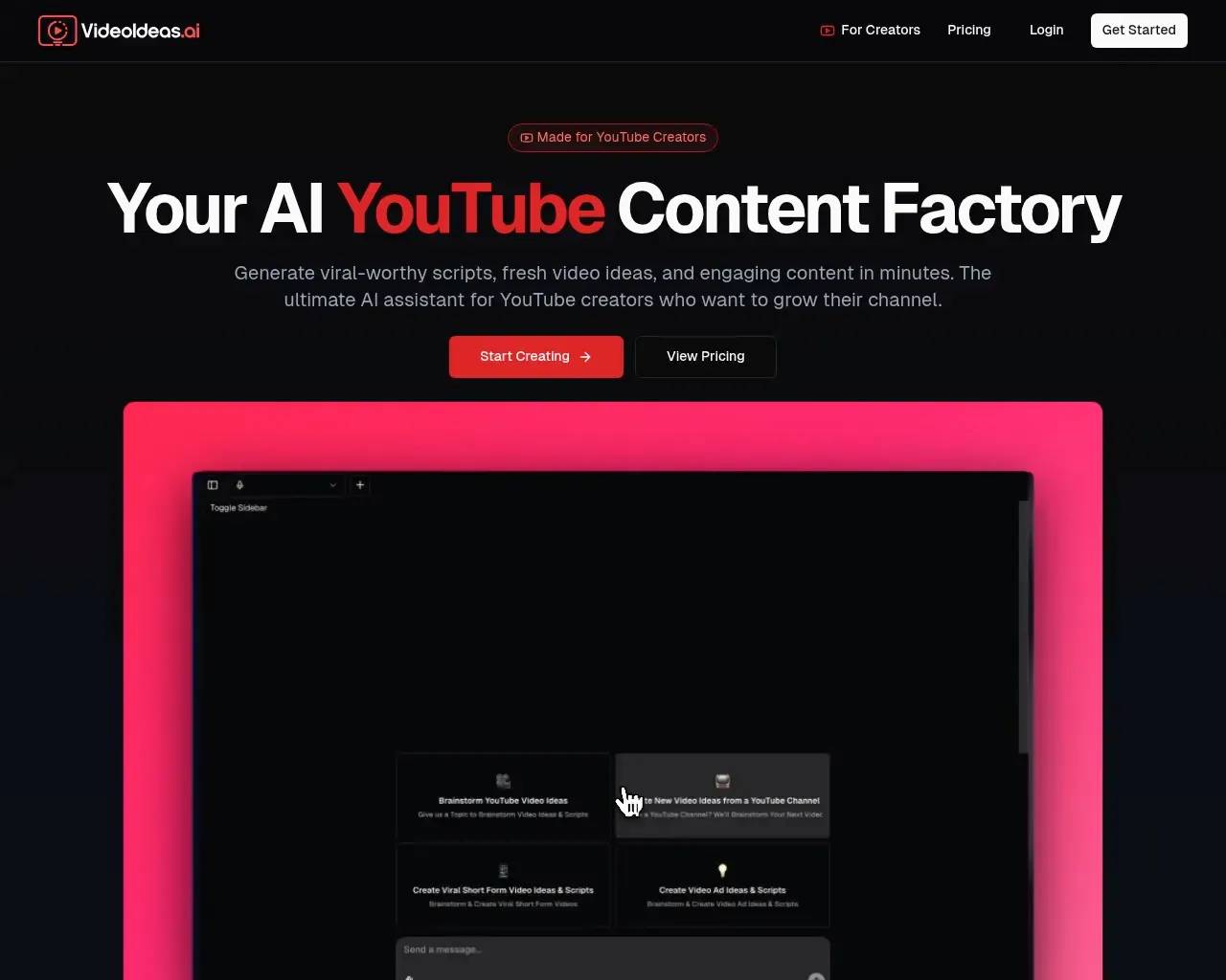 VideoIdeas AI homepage screenshot