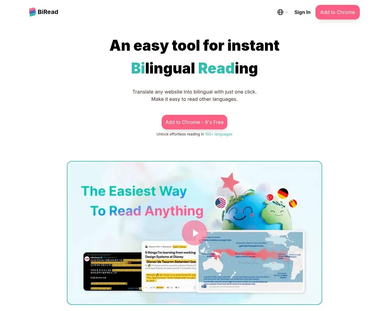 Página de inicio de BiRead — traducción bilingüe de páginas web con un clic en más de 100 idiomas
