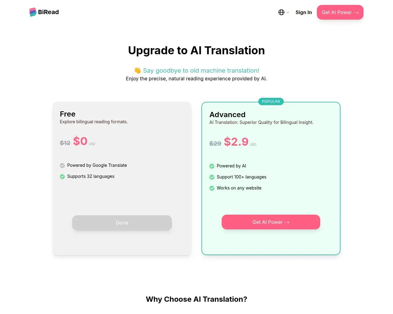 Página de precios de BiRead — un nivel gratuito con Google Translate junto a un nivel de pago con IA