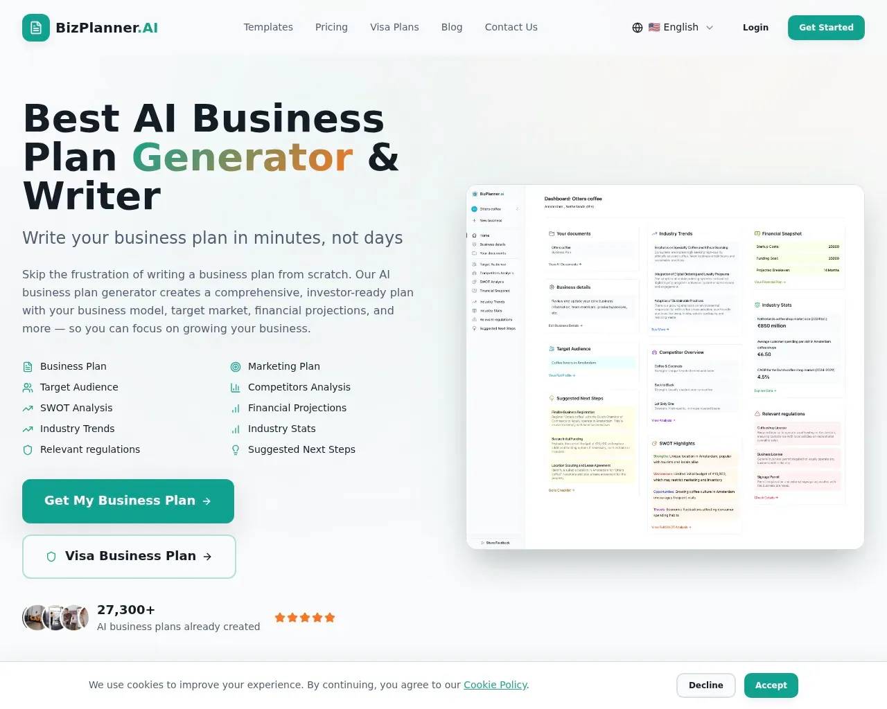 BizPlanner AI homepage showing the AI business plan generator with a sample plan dashboard and feature list