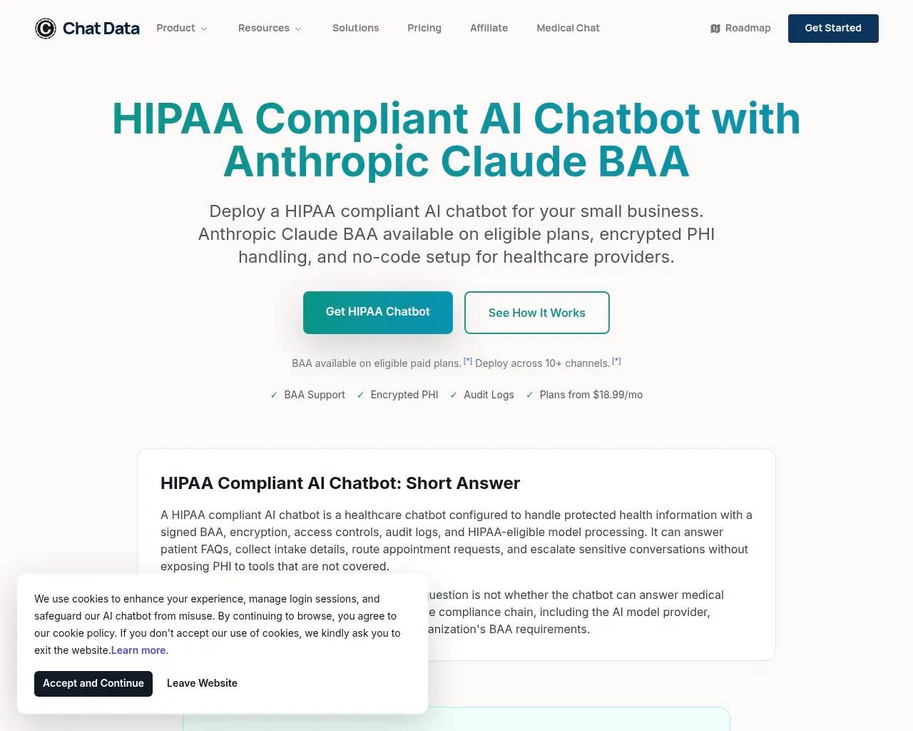 Chat Data's HIPAA chatbot page — "HIPAA Compliant AI Chatbot with Anthropic Claude BAA," with BAA Support, Encrypted PHI and Audit Logs badges