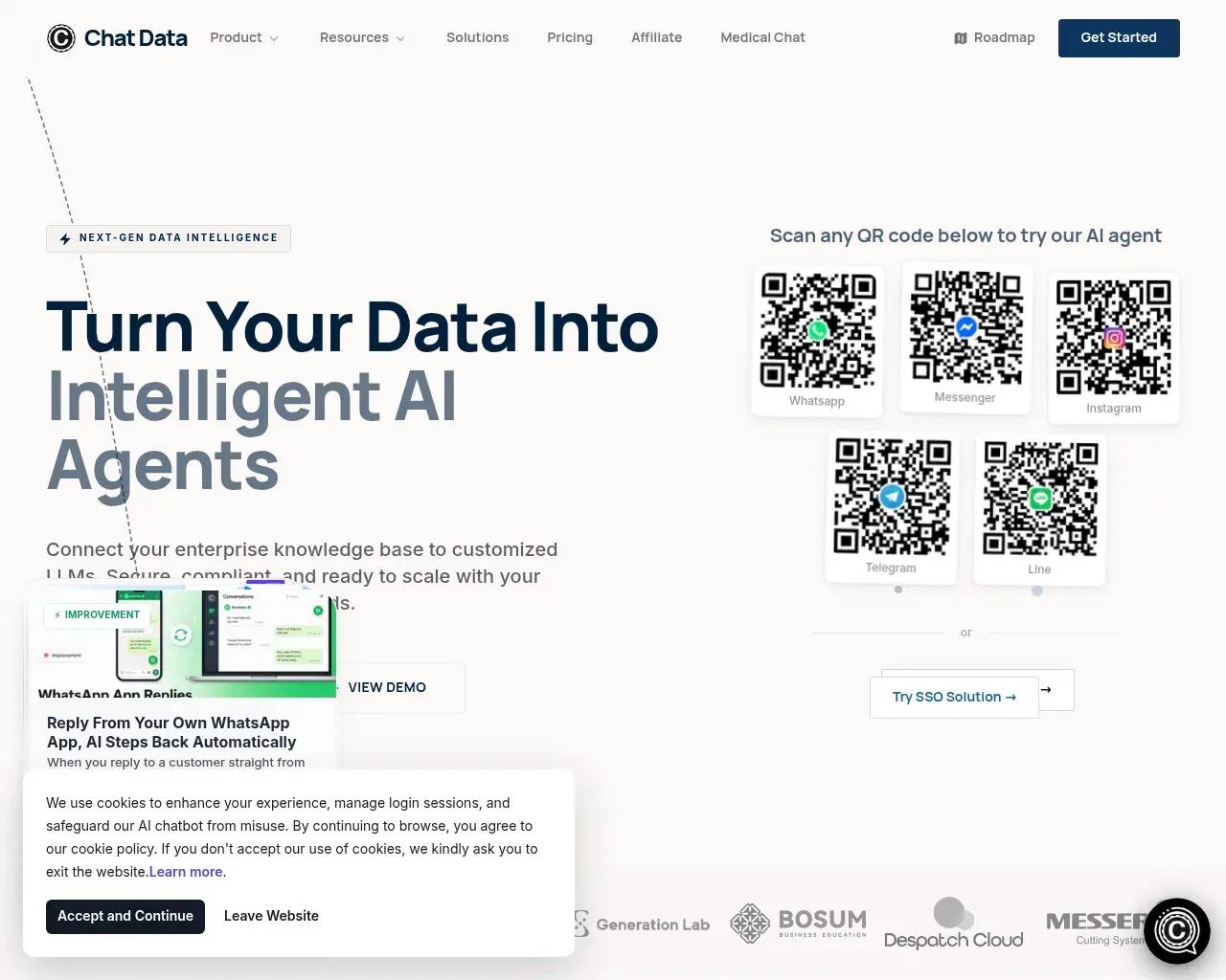 Chat Data homepage — "Turn Your Data Into Intelligent AI Agents" hero, with QR codes to try the live agent on WhatsApp, Messenger, Instagram, Telegram and Line, plus customer logos