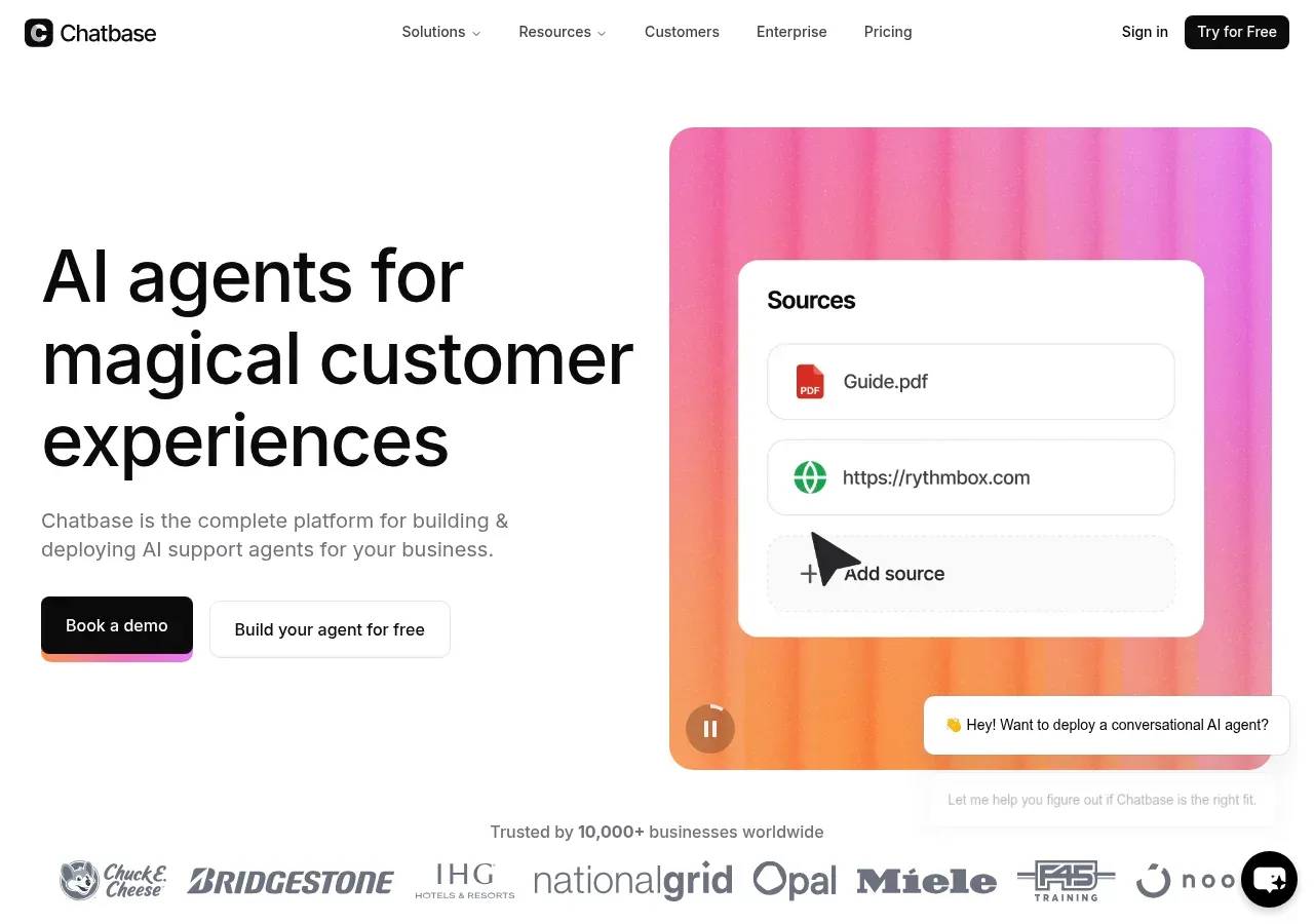 Héroe de la página de inicio de Chatbase — la plataforma de agentes de soporte de IA, "Agentes de IA para experiencias mágicas del cliente"