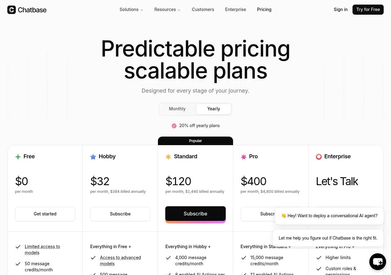 Página de precios de Chatbase — Gratis, Hobby a $32, Standard a $120, Pro a $400 y un nivel Enterprise de contacto