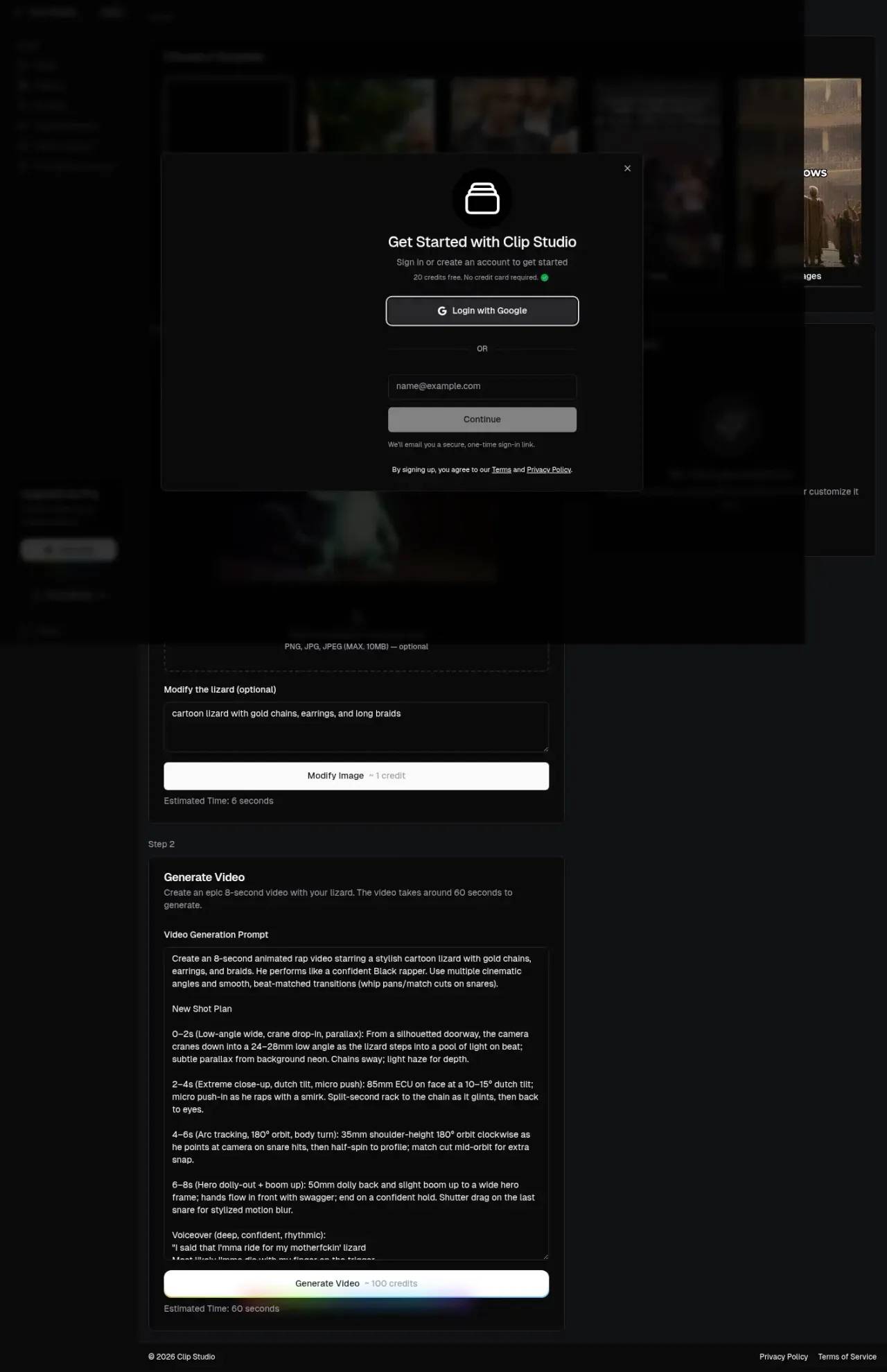 Clip Studio's video generator — a template gallery at the top, then Step 1 to modify a starting image (~1 credit) and Step 2 to generate an 8-second AI video from a prompt and shot plan (~100 credits)