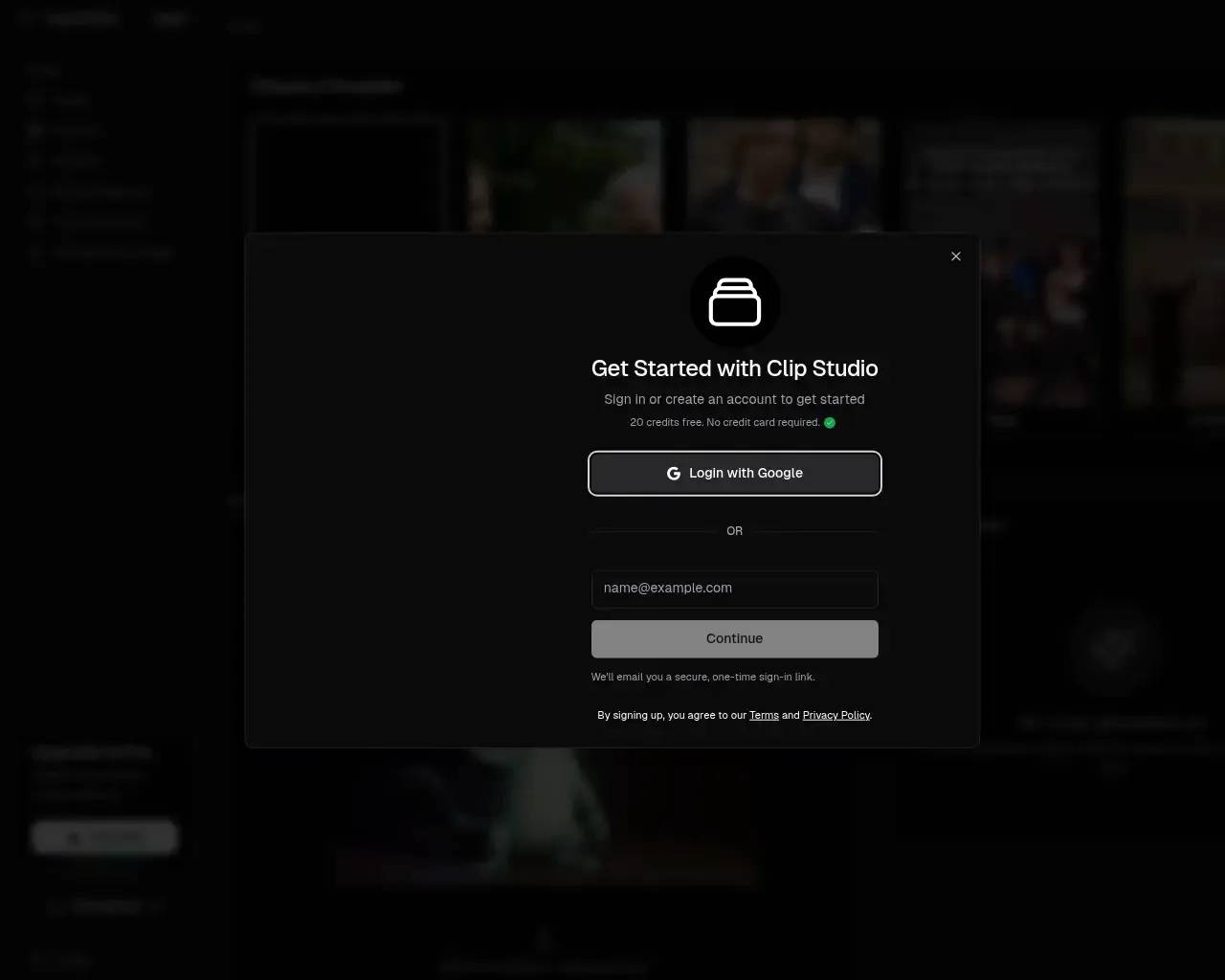 Clip Studio's sign-in modal offering 20 free credits with no credit card required, with Google and email magic-link login, over the template gallery