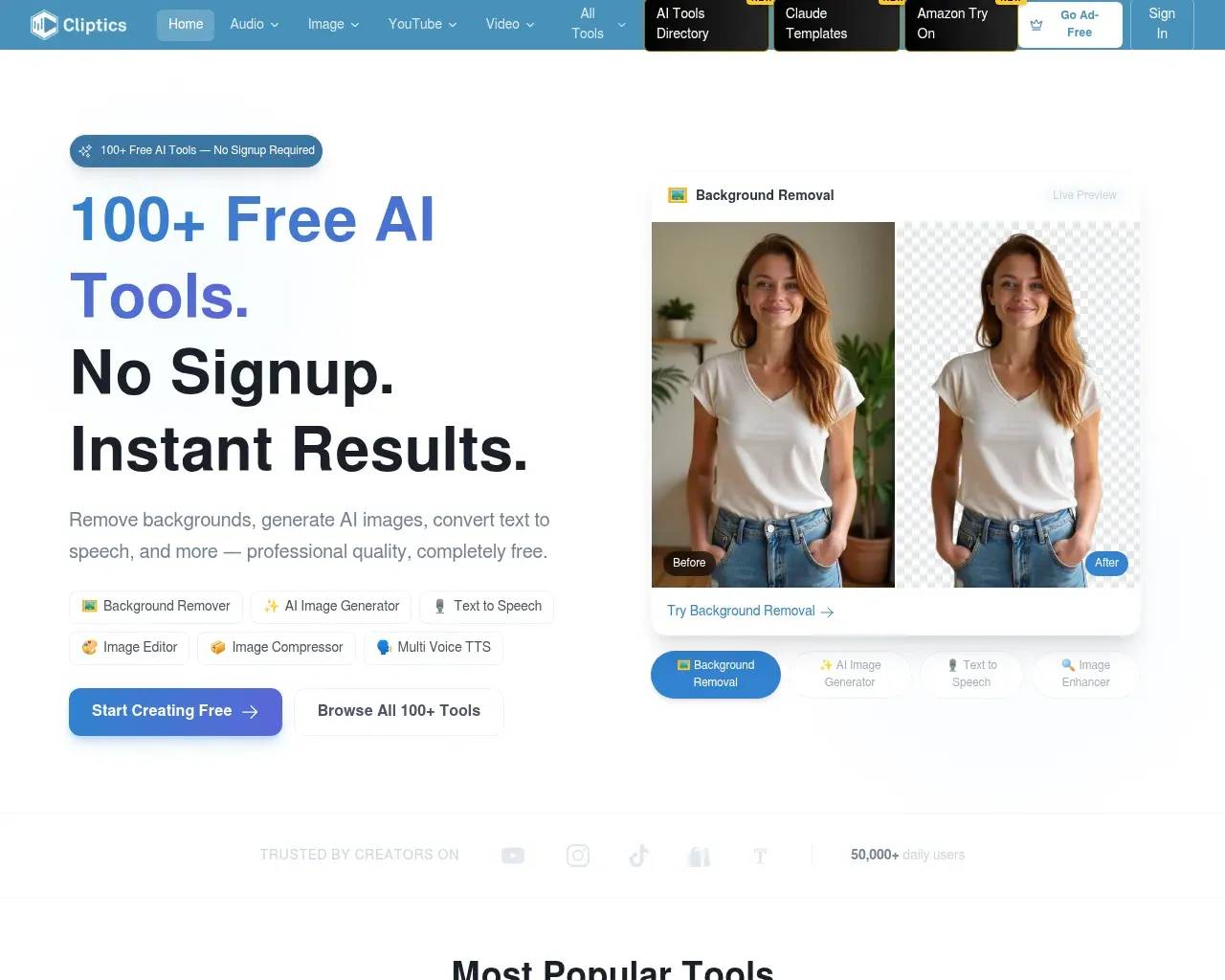 Cliptics homepage — 100+ free AI tools, no signup required