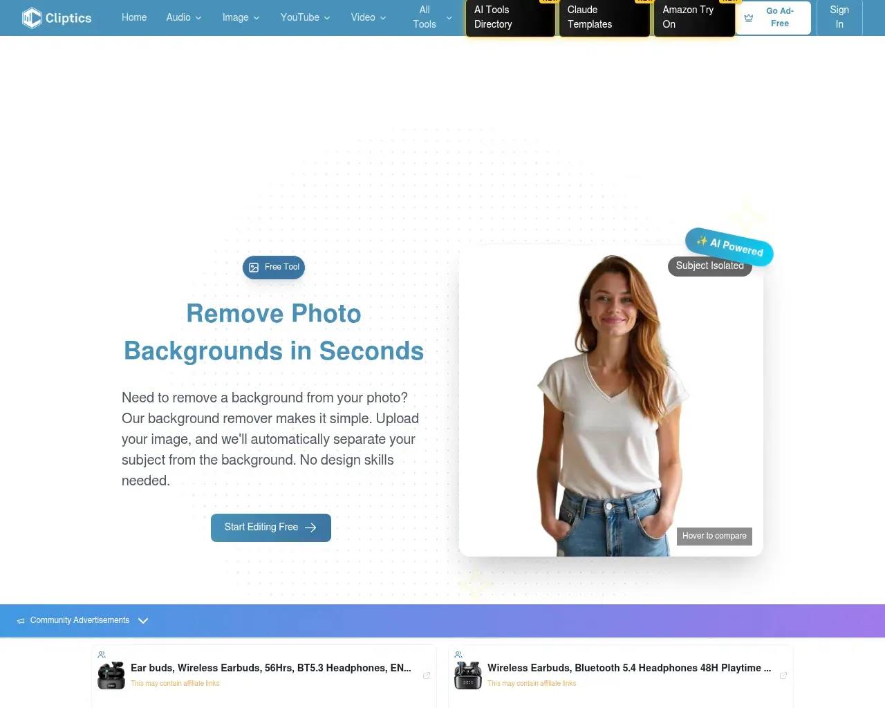 Cliptics background remover tool page