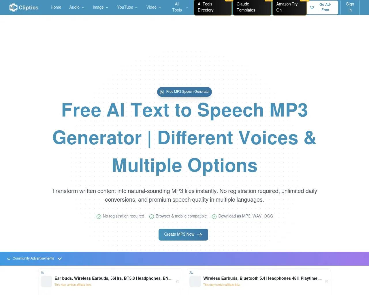 Cliptics free text-to-speech generator — MP3, WAV and OGG output, no registration