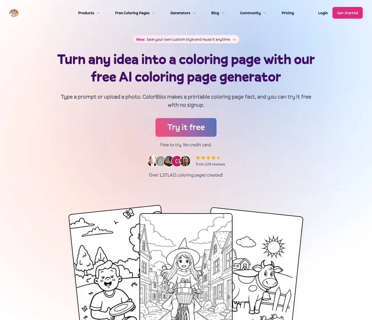 ColorBliss homepage — free AI coloring page generator, above the fold