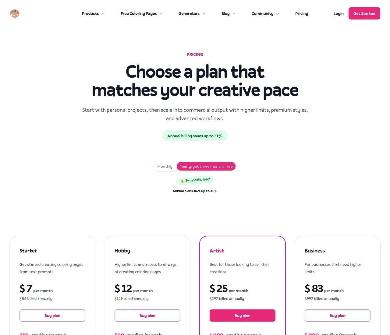 ColorBliss pricing page — Starter, Hobby, Artist, and Business credit plans