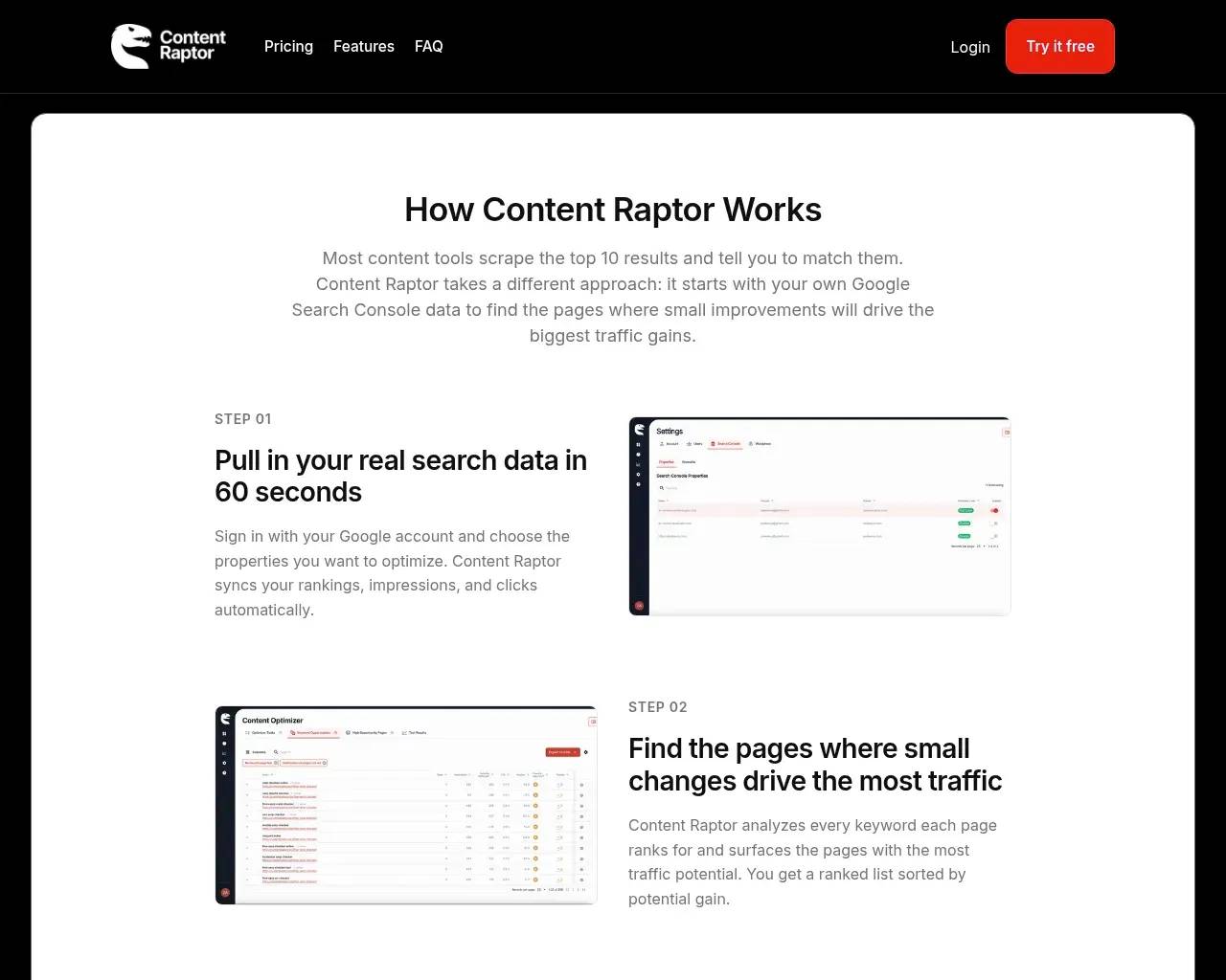 Content Raptor how-it-works — connecting Google Search Console to surface high-opportunity pages