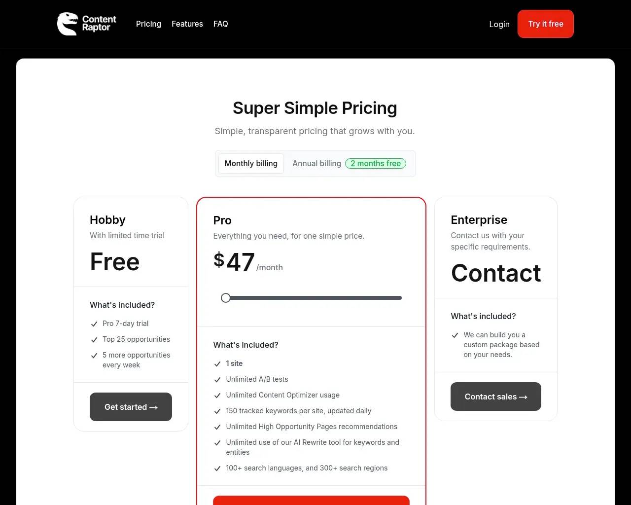 Content Raptor pricing — Free 7-day trial, $47/site Pro plan, Enterprise contact tier