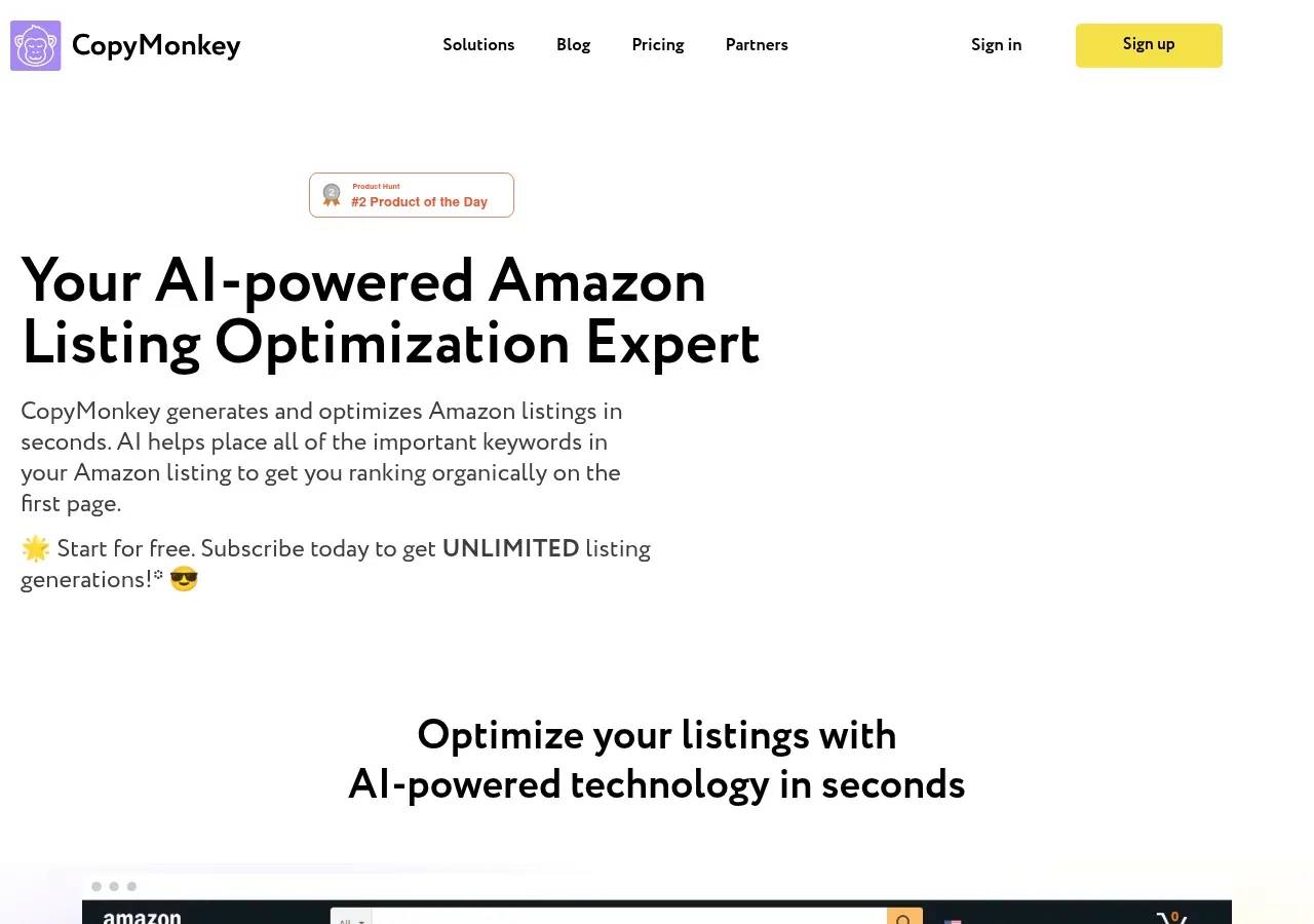 CopyMonkey homepage — "Your AI-powered Amazon Listing Optimization Expert," generating keyword-optimized titles, bullet points, and descriptions