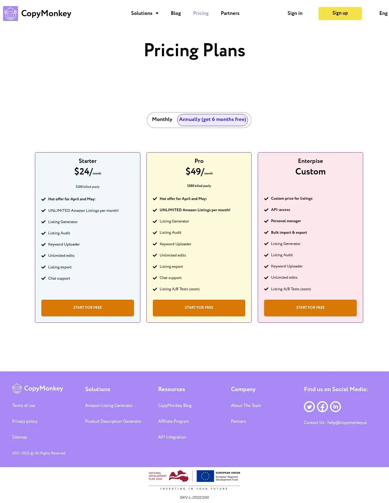 CopyMonkey pricing — Starter, Pro, and Enterprise tiers on annual billing, with a monthly/annual toggle and "six months free"