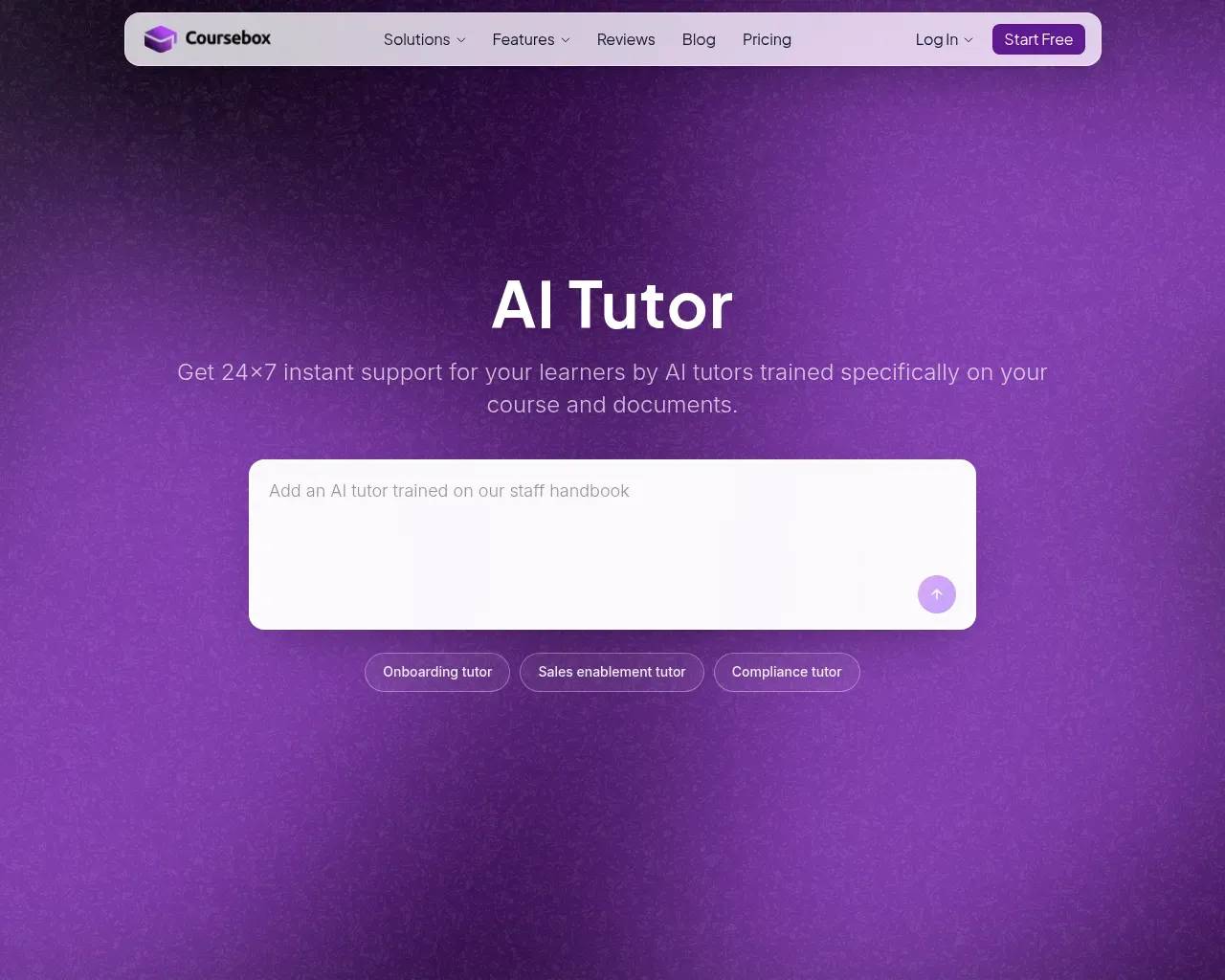 Coursebox AI Tutor page — a 24/7 assistant trained on your own course and documents