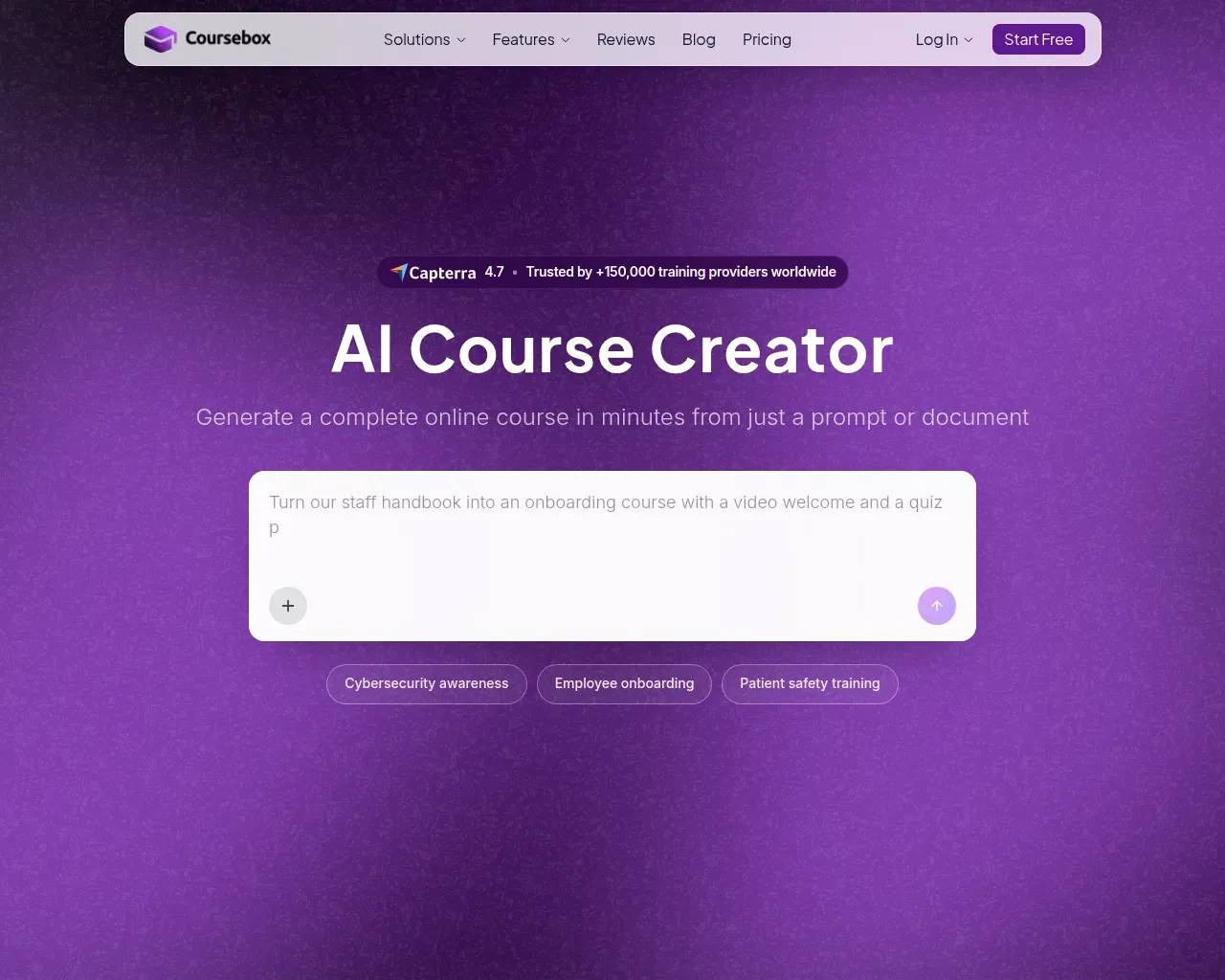 Coursebox AI Course Creator homepage — a prompt box that turns a document into an online course, with a Capterra 4.7 rating badge