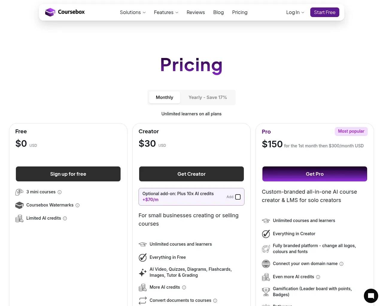 Coursebox pricing — Free, Creator at $30 a month, and a "most popular" Pro tier at $150 for the first month then $300 a month, with unlimited learners on all plans