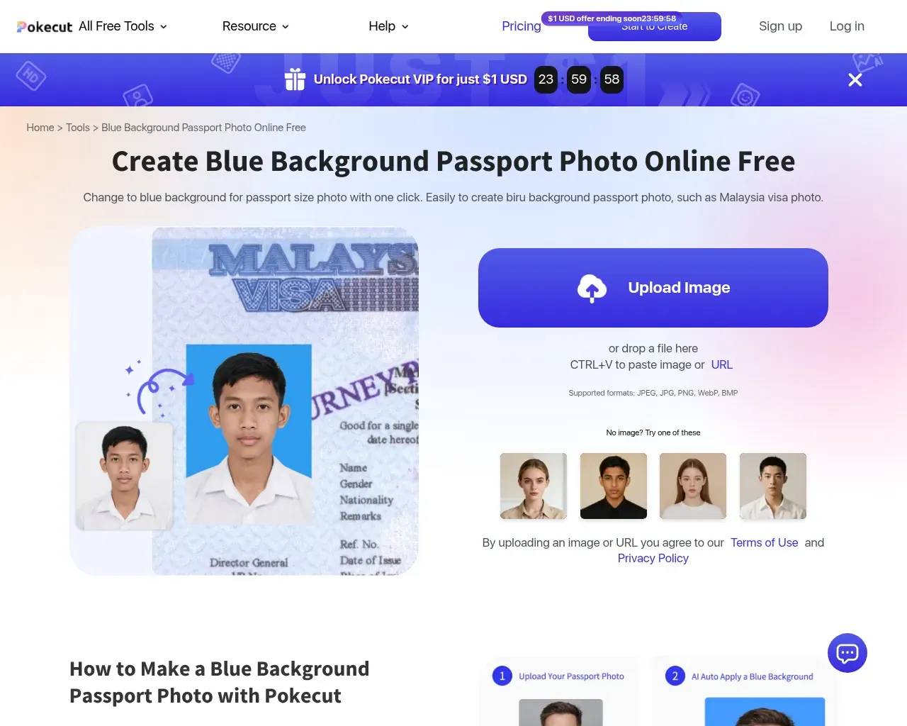 Pokecut's blue background passport photo tool page