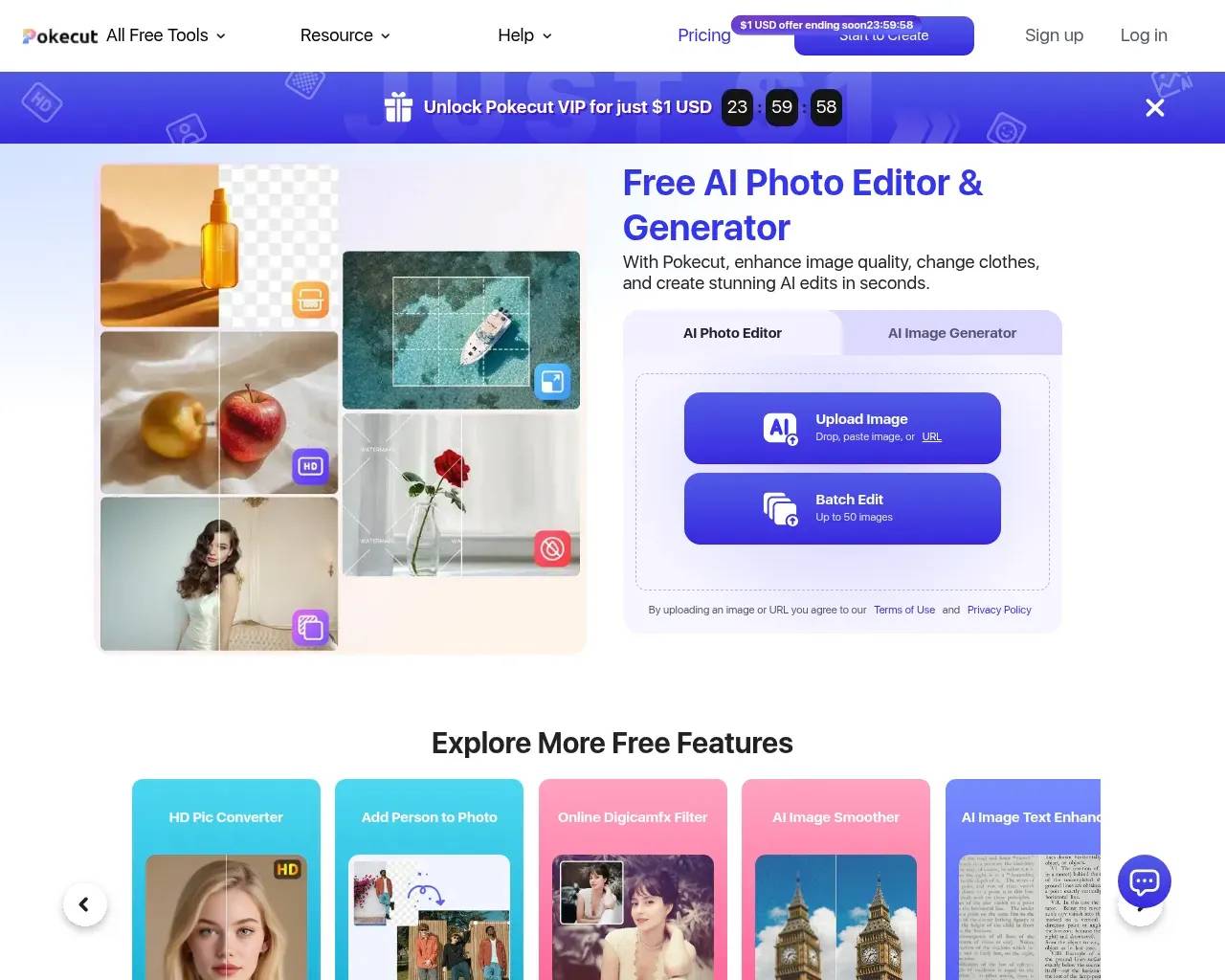 Pokecut homepage — AI photo editor and image generator landing page