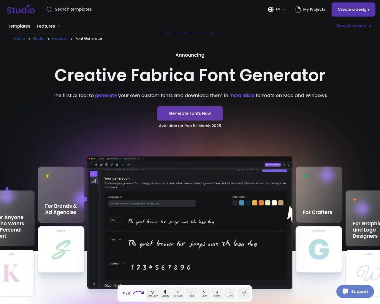 Página de inicio del Generador de Fuentes AI de Creative Fabrica — "la primera herramienta AI para generar tus propias fuentes personalizadas y descargarlas en formatos instalables," con una vista previa de edición de glifos en vivo