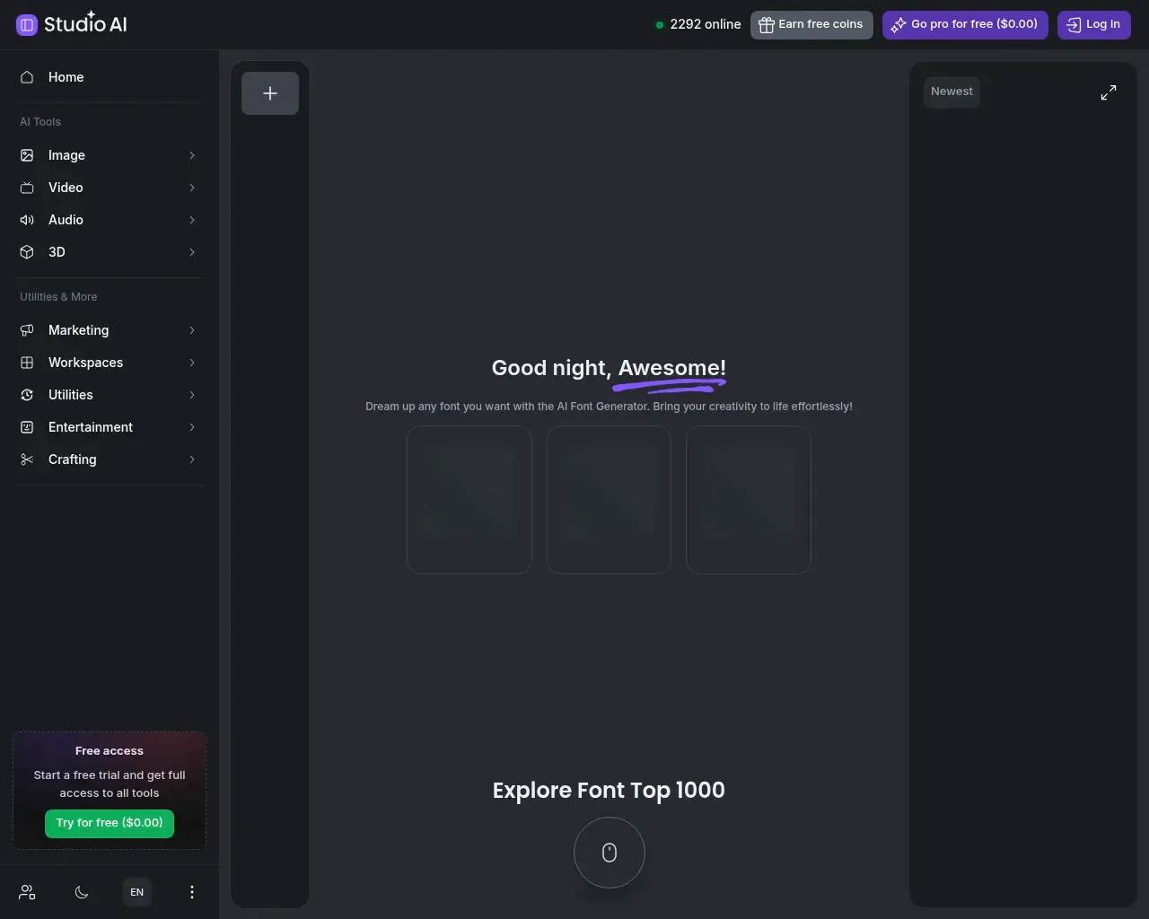 El espacio de trabajo de fuentes de Creative Fabrica Studio, donde se indica un estilo y se revisan los glifos generados antes de exportar