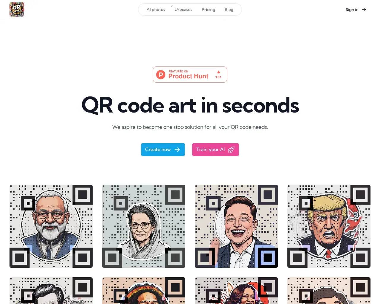 Zust QR code artist homepage — the "QR code art in seconds" hero, a Product Hunt badge, and a gallery of portrait QR codes