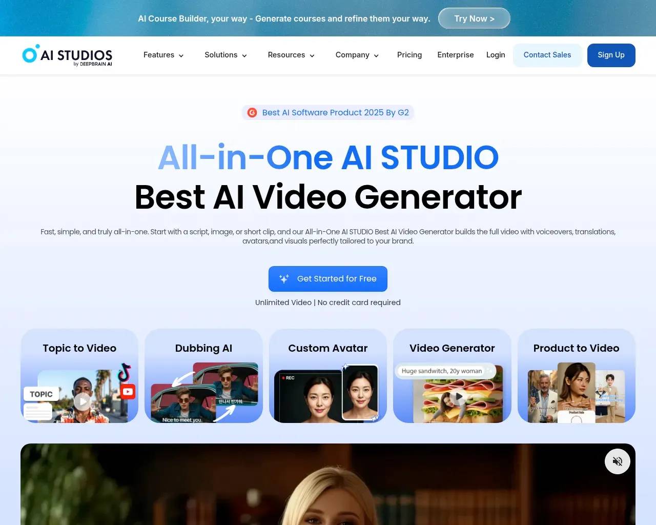 AI Studios (DeepBrain AI) homepage showing the All-in-One AI video generator hero with avatar, dubbing and template tabs