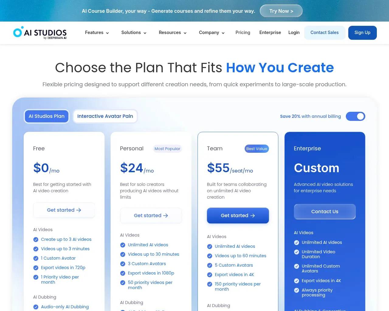 AI Studios pricing page showing Free, Personal, Team and Enterprise plans with the annual-billing toggle