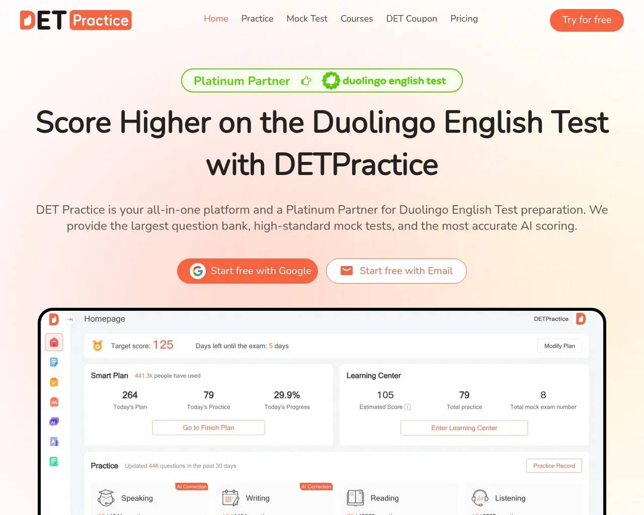 Главная страница DET Practice — герой-блок «Score Higher on the Duolingo English Test» с значком Platinum Partner и ключевыми статистиками пользователей