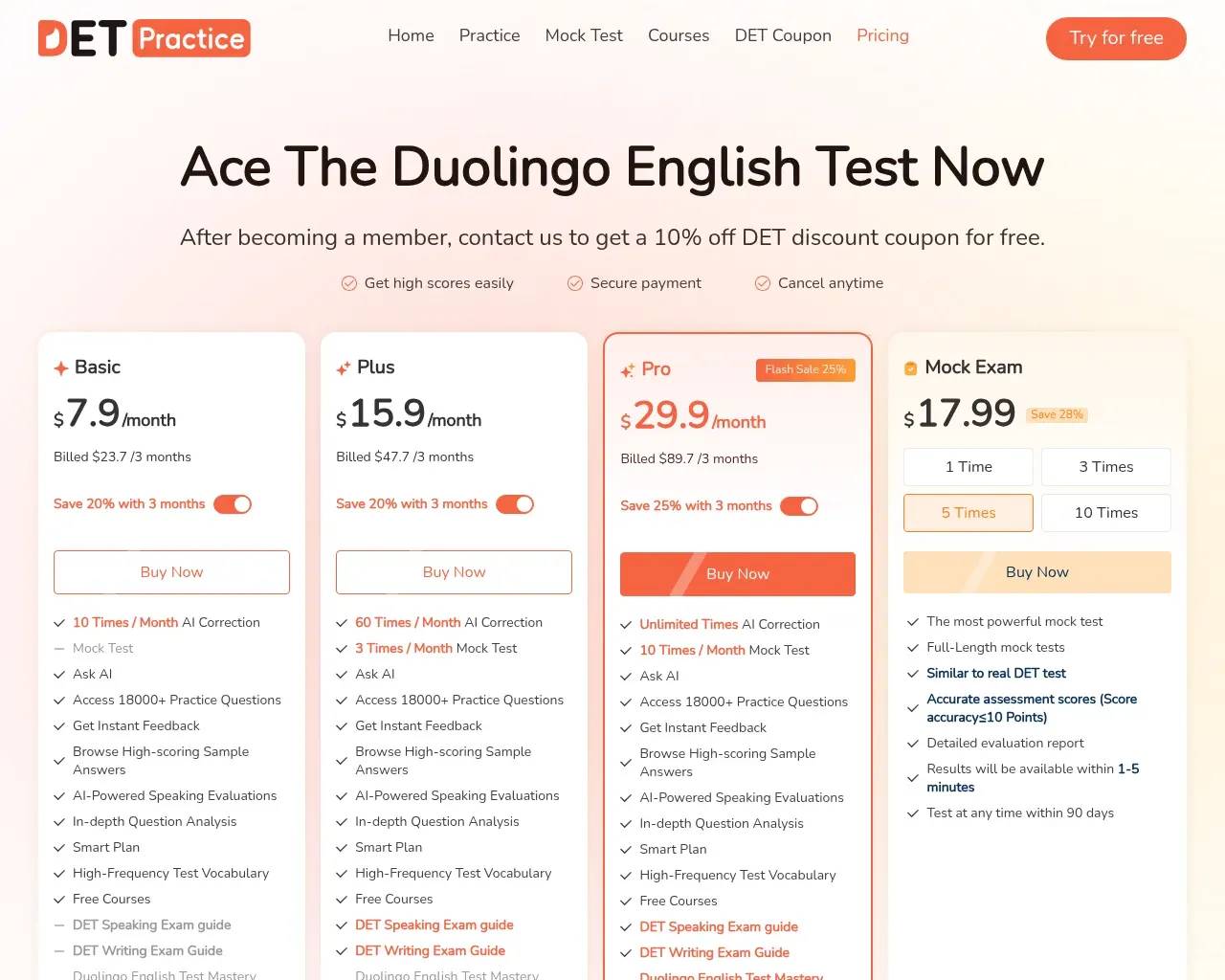 Цены DET Practice — ежемесячные планы Basic, Plus и Pro, а также отдельные пакеты пробных экзаменов